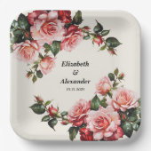 Elegant pink and red roses floral wedding pappteller (Vorderseite)