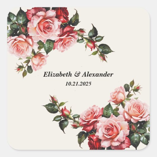 Elegant pink and red roses floral wedding quadratischer aufkleber (Vorderseite)