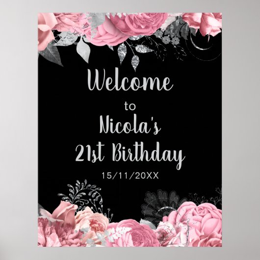 Elegant Pink and Silver Flowers Birthday Part  Poster (Vorne)