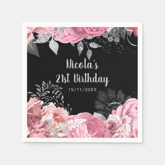 Elegant Pink and Silver Flowers Birthday Party Serviette (Vorderseite)