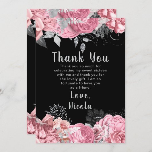 Elegant Pink and Silver Flowers Sweet Sixteen Dankeskarte (Vorne/Hinten)