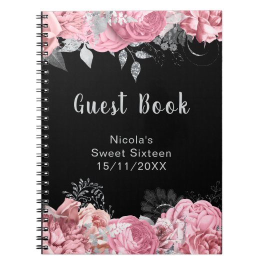 Elegant Pink and Silver Flowers Sweet Sixteen Notizblock (Vorderseite)