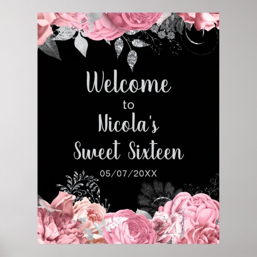 Elegant Pink and Silver Flowers Sweet Sixteen  Poster (Vorne)