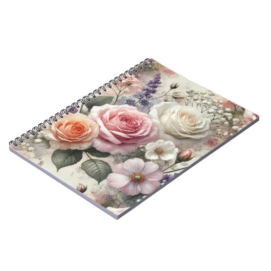 Elegant Pink and White Rose Pattern Spiral Noteboo Notizblock (Linke Seite)