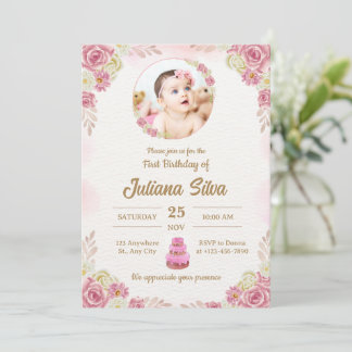 Elegant Pink Baby Girl First Birthday Custom Photo Einladung