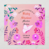 Elegant pink baby shower, butterflies and flowers einladung (Vorne/Hinten)