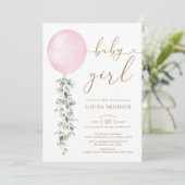 Elegant Pink Balloon Eucalyptus Girl Baby Shower Einladung (Stehend Vorderseite)