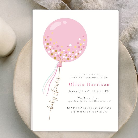 Elegant Pink Balloon Girl Baby Shower Einladung