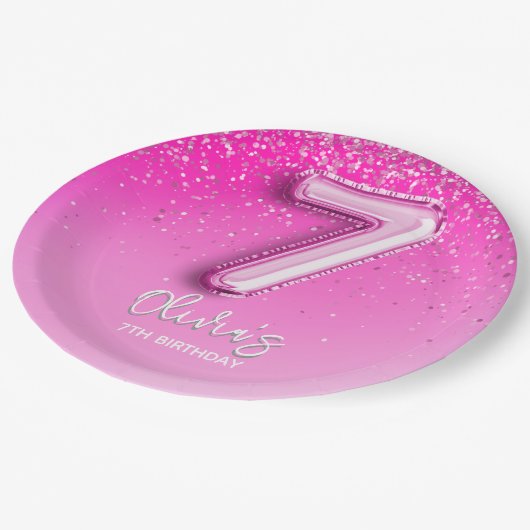 Elegant Pink Balloon Numbers 7th Birthday for Girl Pappteller (Schrägansicht)