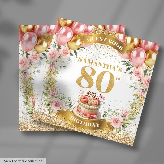 Elegant Pink Balloons 80th Birthday Gästebuch