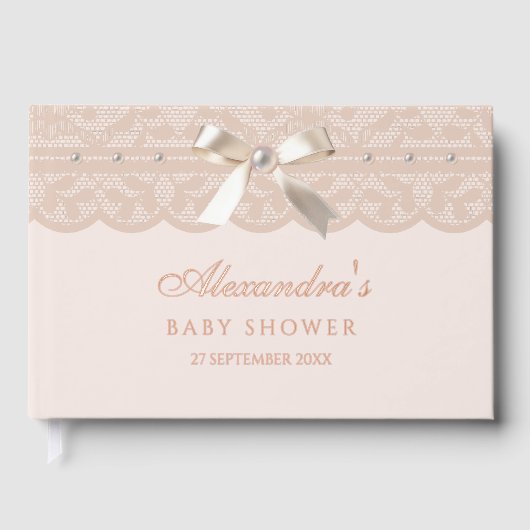 Elegant Pink Beige Pearls Bow Lace Baby Shower Gästebuch (Vorderseite)