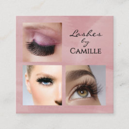 Elegant Pink Black Script 3 Photo Makeup Quadratische Visitenkarte