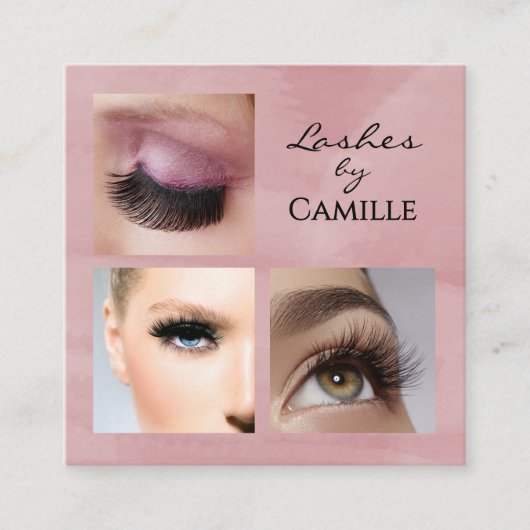 Elegant Pink Black Script 3 Photo Makeup Quadratische Visitenkarte (Vorderseite)