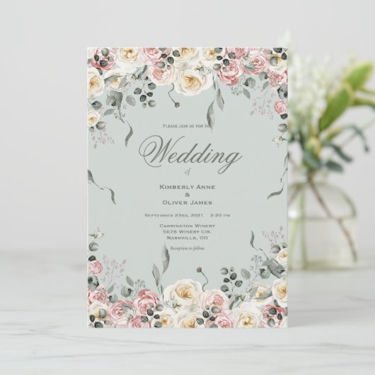 Elegant Pink Bliush Ivory Floral Wedding Einladung (Stehend Vorderseite)