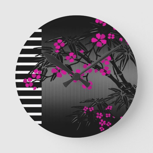 Elegant Pink Blossom Black Asian Bamboo Runde Wanduhr (Vorderseite)