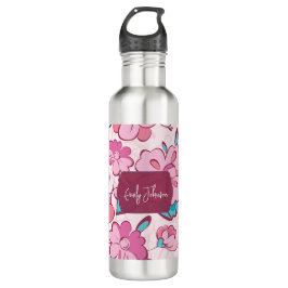Elegant Pink Blossom Custom Name Floral Design Edelstahlflasche