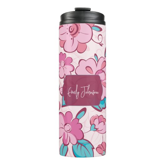 Elegant Pink Blossom Custom Name Floral Design Thermosbecher (Vorderseite)