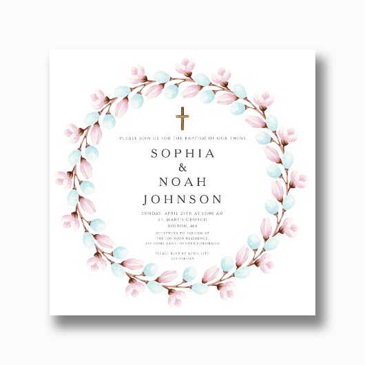 Elegant Pink Blue Cross Twins Taufe Einladung