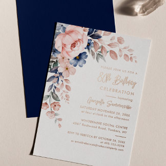 Elegant Pink Blue Floral 80. Geburtstagsparty Gold Folieneinladung
