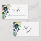 Elegant Pink Blue Floral Script Monogram Wedding Platzkarte (Vorne/Hinten)