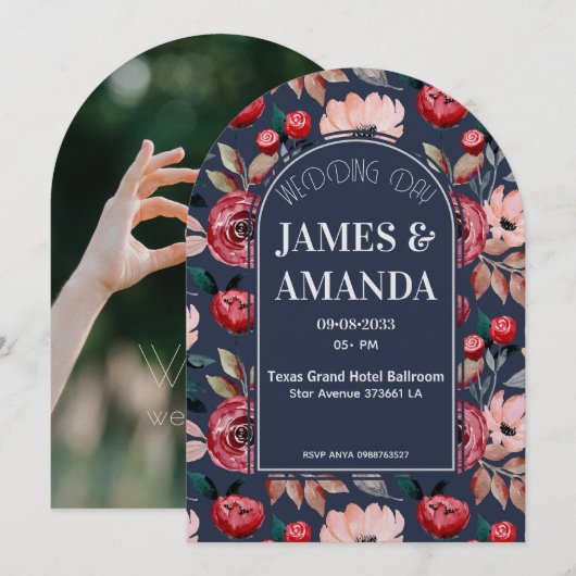 Elegant Pink & Blue Floral theme Einladung (Vorne/Hinten)