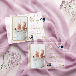 Elegant Pink Blue Gold Floral Twins Foto Taufe Acryleinladungen