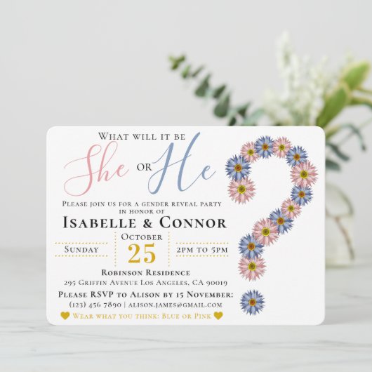 Elegant pink Blue He or She Floral Gender Reveal Einladung (Stehend Vorderseite)