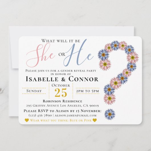 Elegant pink Blue He or She Floral Gender Reveal Einladung (Vorderseite)