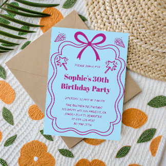 Elegant Pink & Blue Ribbon Frame Birthday Party Einladung