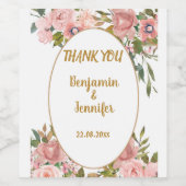 Elegant Pink Blumengrün Hochzeit Vielen Dank Weinetikett (Einzelnes Label)