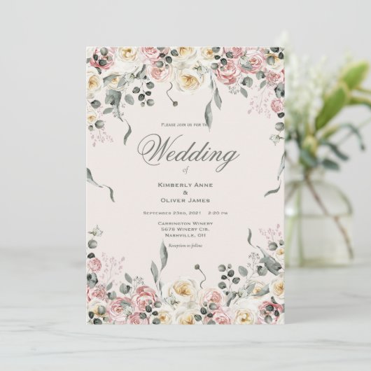 Elegant Pink Blush Ivory Floral Wedding Einladung (Stehend Vorderseite)