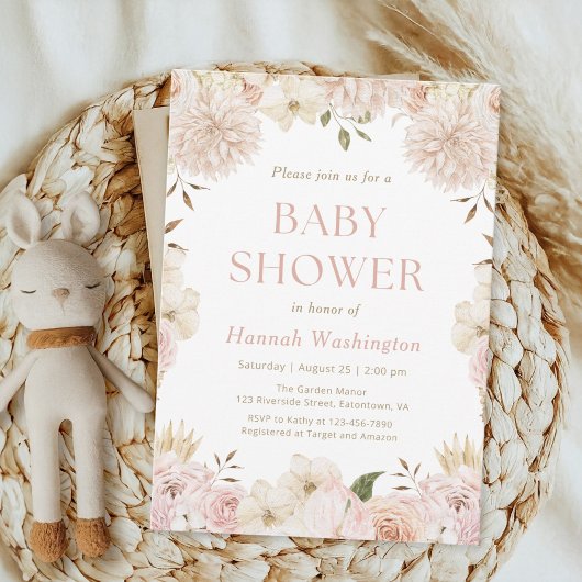 Elegant Pink Boho Bloral Baby Dusche Einladung