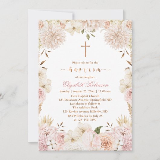Elegant Pink Boho Blumentaufen Einladung (Vorderseite)