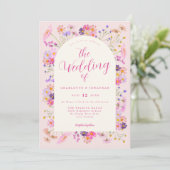 Elegant Pink Boho Wildblume Wedding Einladung (Stehend Vorderseite)