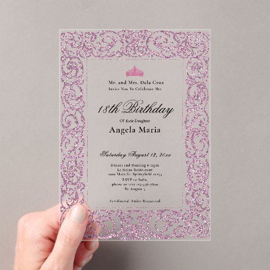 Elegant Pink Border 18th Birthday Debut Acryleinladungen (Insitu (Handheld))