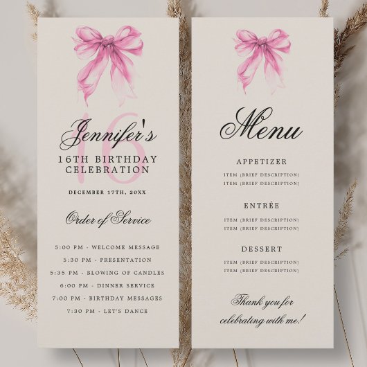 Elegant Pink Bow 16th Birthday Party Program Menu Einladung