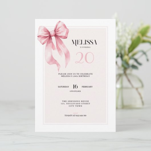 Elegant Pink Bow 20th Birthday Invitation Einladung (Stehend Vorderseite)