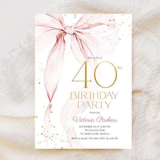 Elegant Pink Bow 40th Birthday Invitation Einladung