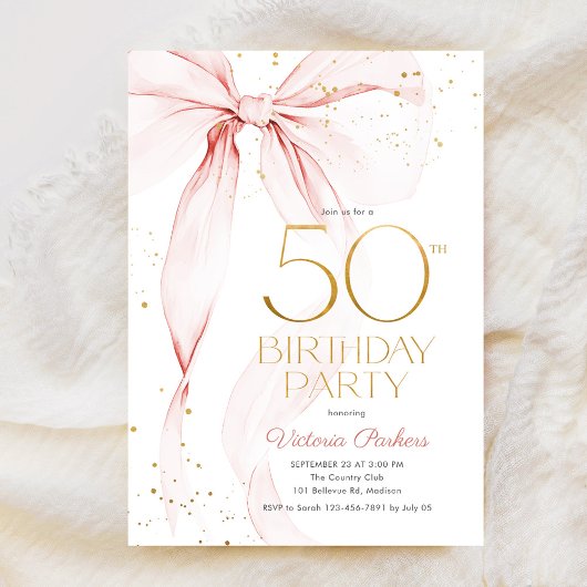 Elegant Pink Bow 50th Birthday Invitation Einladung