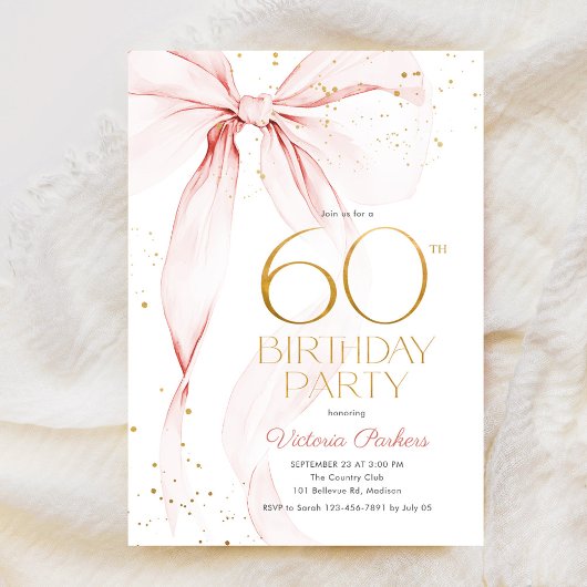 Elegant Pink Bow 60th Birthday Invitation Einladung