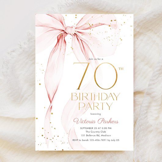 Elegant Pink Bow 70th Birthday Invitation Einladung
