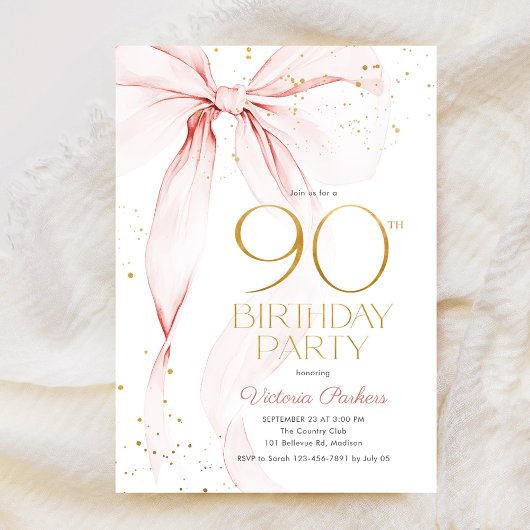Elegant Pink Bow 90th Birthday Invitation Einladung