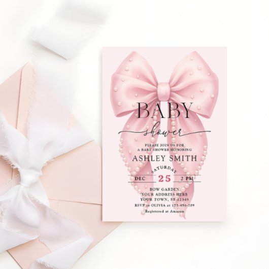 Elegant Pink Bow Baby Shower Einladung