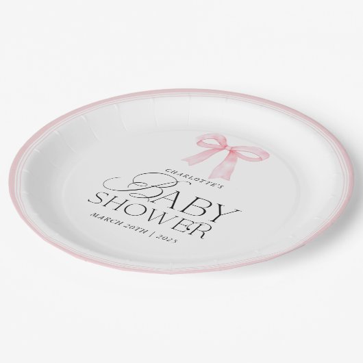Elegant Pink Bow Baby Shower  Pappteller (Schrägansicht)
