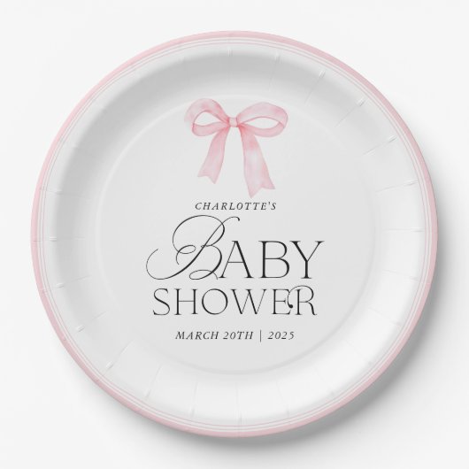 Elegant Pink Bow Baby Shower Pappteller (Vorderseite)