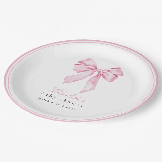 Elegant Pink Bow Baby Shower  Pappteller (Schrägansicht)