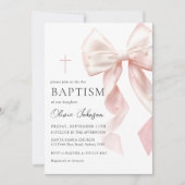 Elegant Pink Bow Baptism Girl Invitation Einladung (Vorderseite)