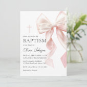 Elegant Pink Bow Baptism Girl Invitation Einladung (Stehend Vorderseite)