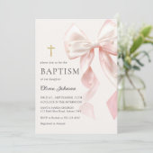 Elegant Pink Bow Baptism Girl Invitation Einladung (Stehend Vorderseite)