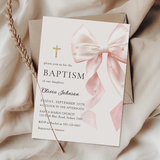 Elegant Pink Bow Baptism Girl Invitation Einladung